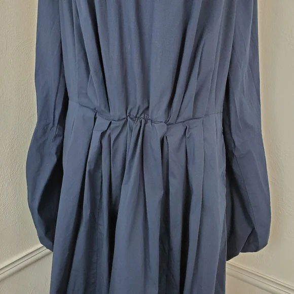 Eshakti Dress Bishop Sleeve Cotton Poplin Pleated Navy Blue Modest Classic Midi - Picture 7 of 15